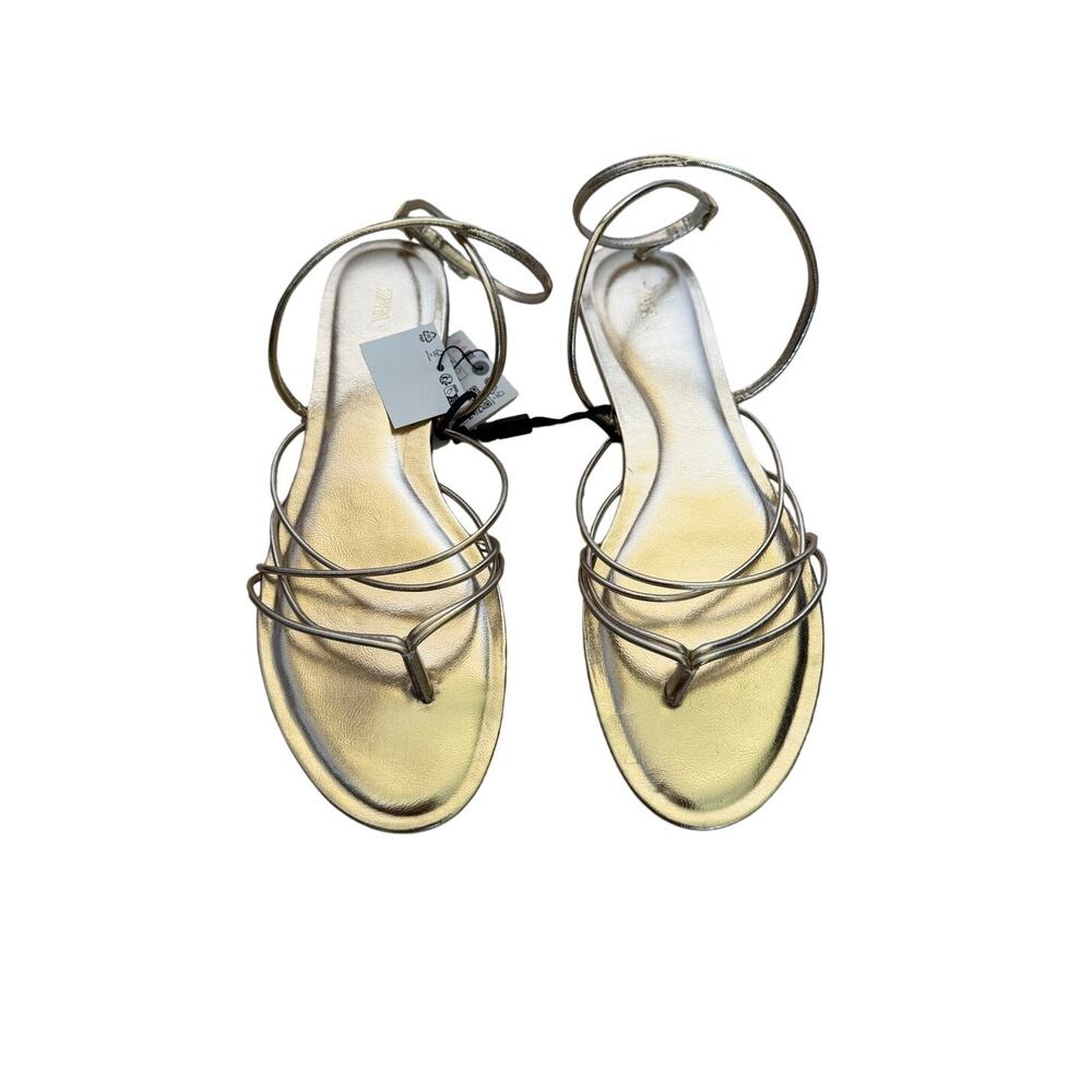 Zara Ankle Tie Strappy Flat Sandals - Metallic Gold - Size 40 US 9 - Picture 2 of 5